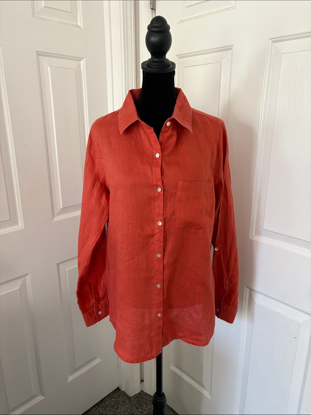 Tahari Coral Orange Button Front Linen Shirt